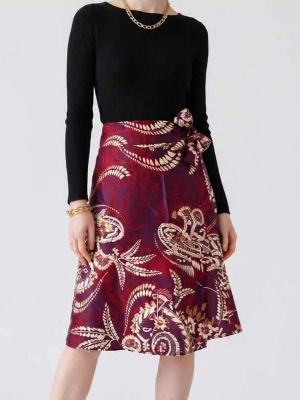 Talbots Petites Wrap Skirt Womens 8P 100% Silk Burgundy Paisley Boho Retro Chic